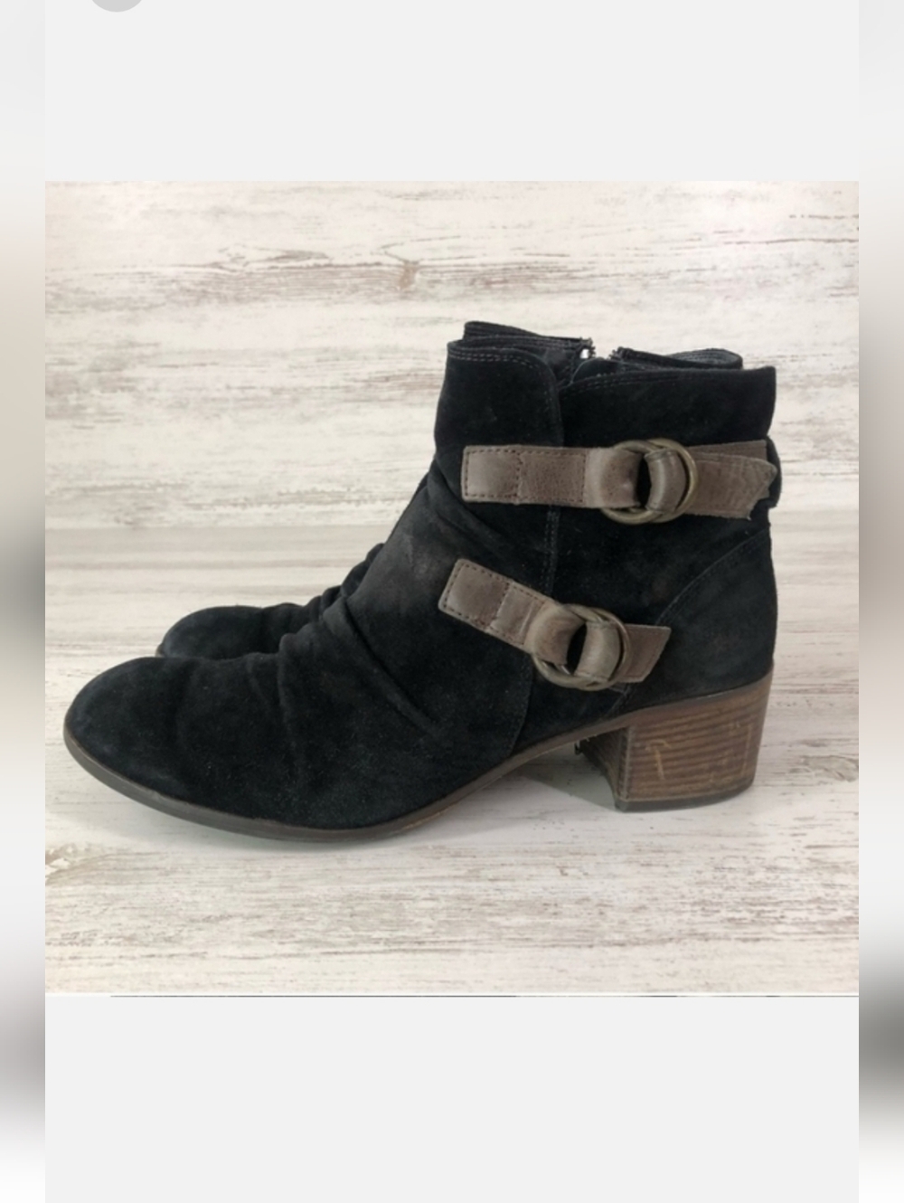PAUL GREEN Newbury Black Suede Leather Buckle Stacked Heel Ankle Boots 8.5 US 11